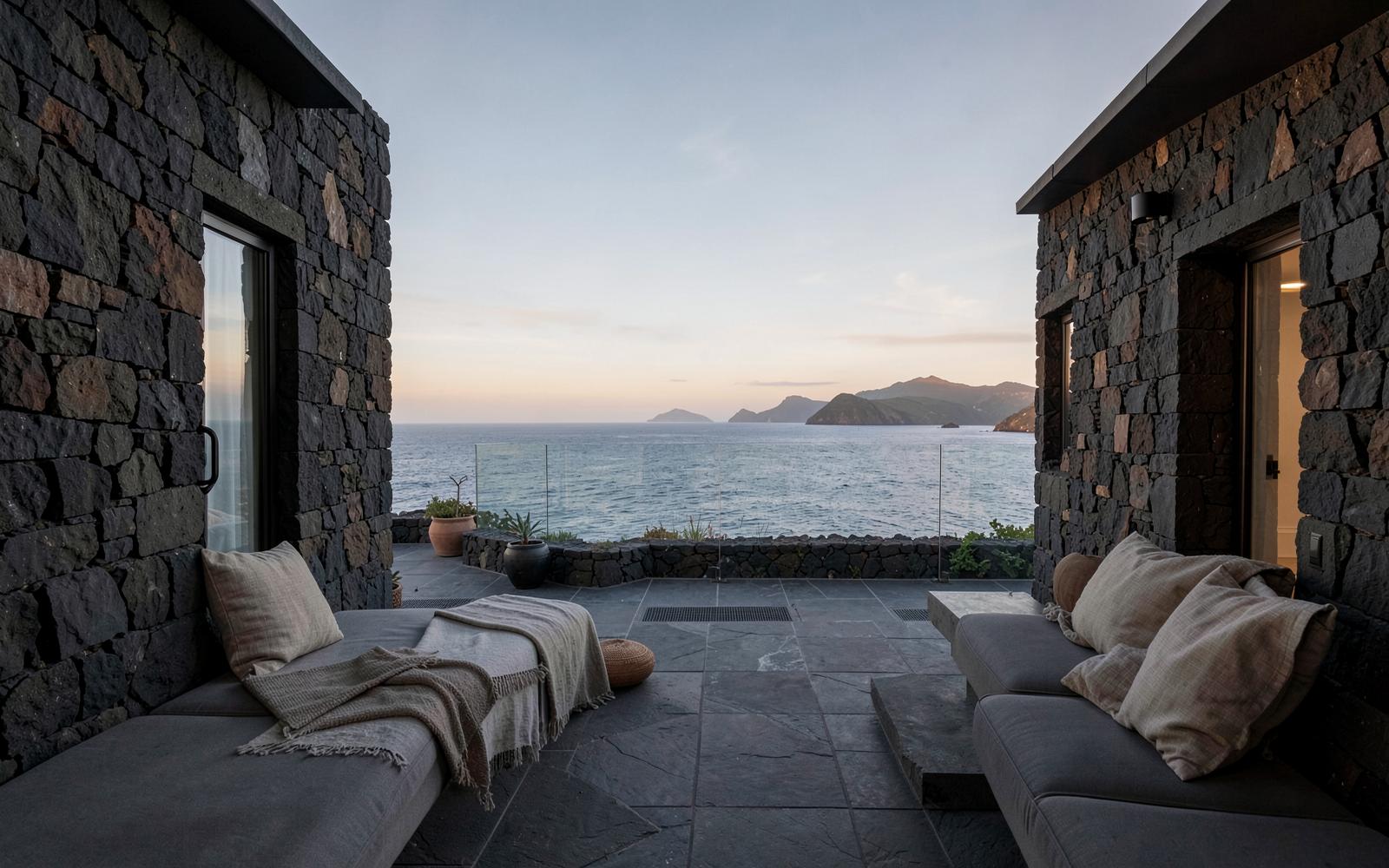 Volcanic stone villa terrace overlooking the Atlantic