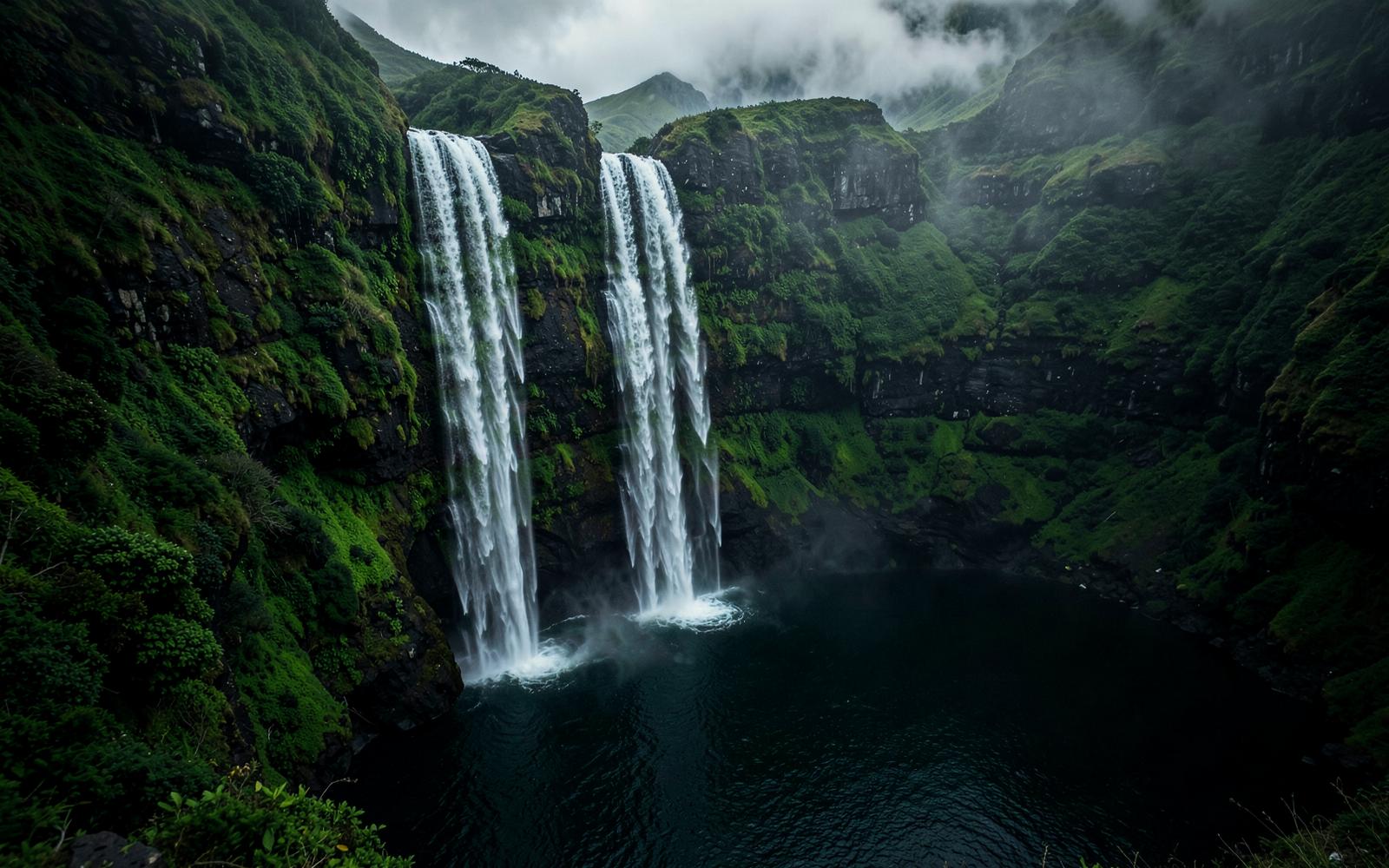 Waterfalls falling into a dark lagoon on Flores