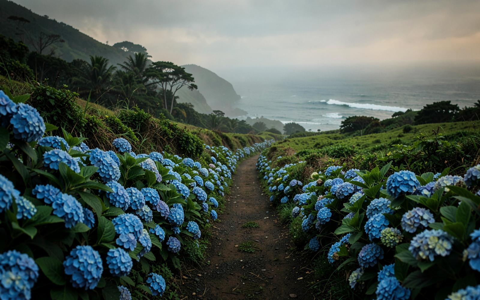 Road lined with hydrangeas above the Atlantic in the Azores