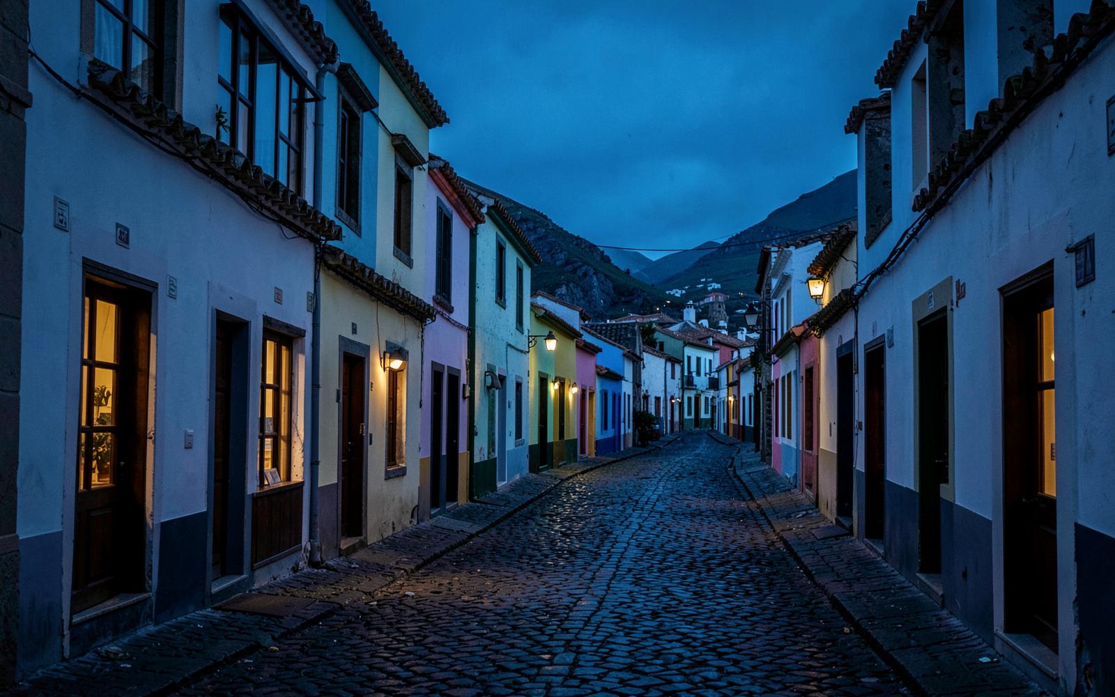 Cobbled street of Angra do Heroísmo at blue hour