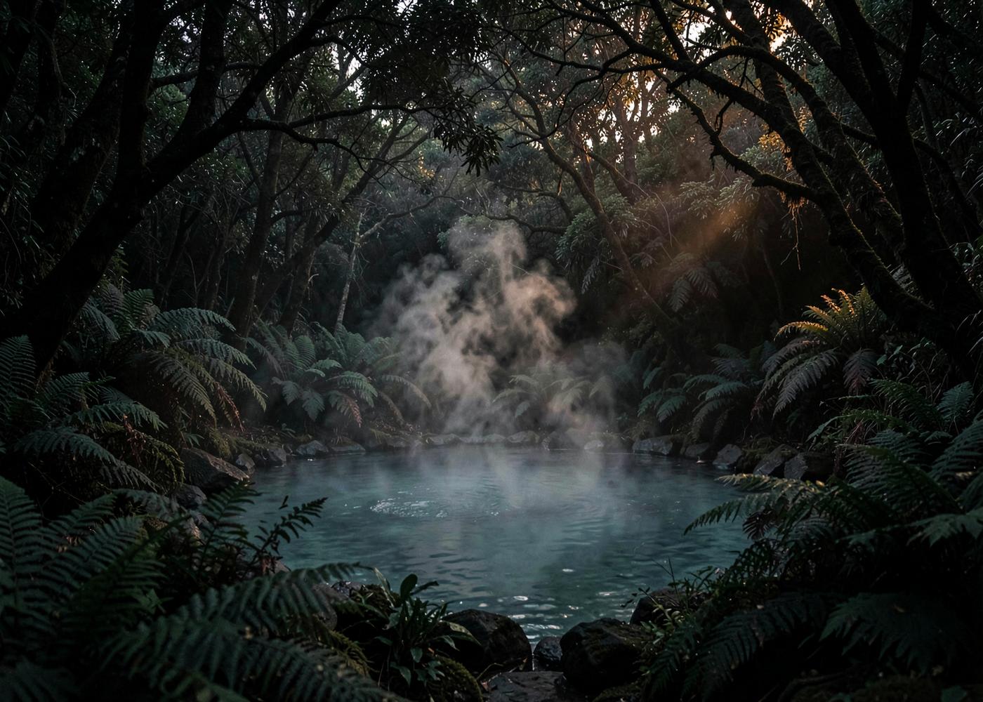 Steaming thermal spring surrounded by ferns in the Azores